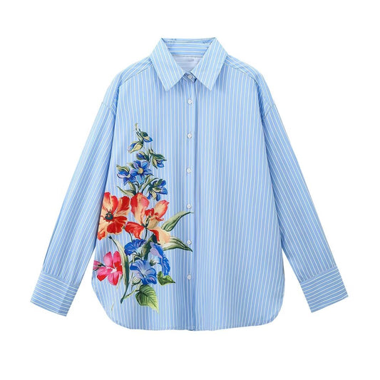 Chemise à manches longues à rayures et imprimé floral pour femme