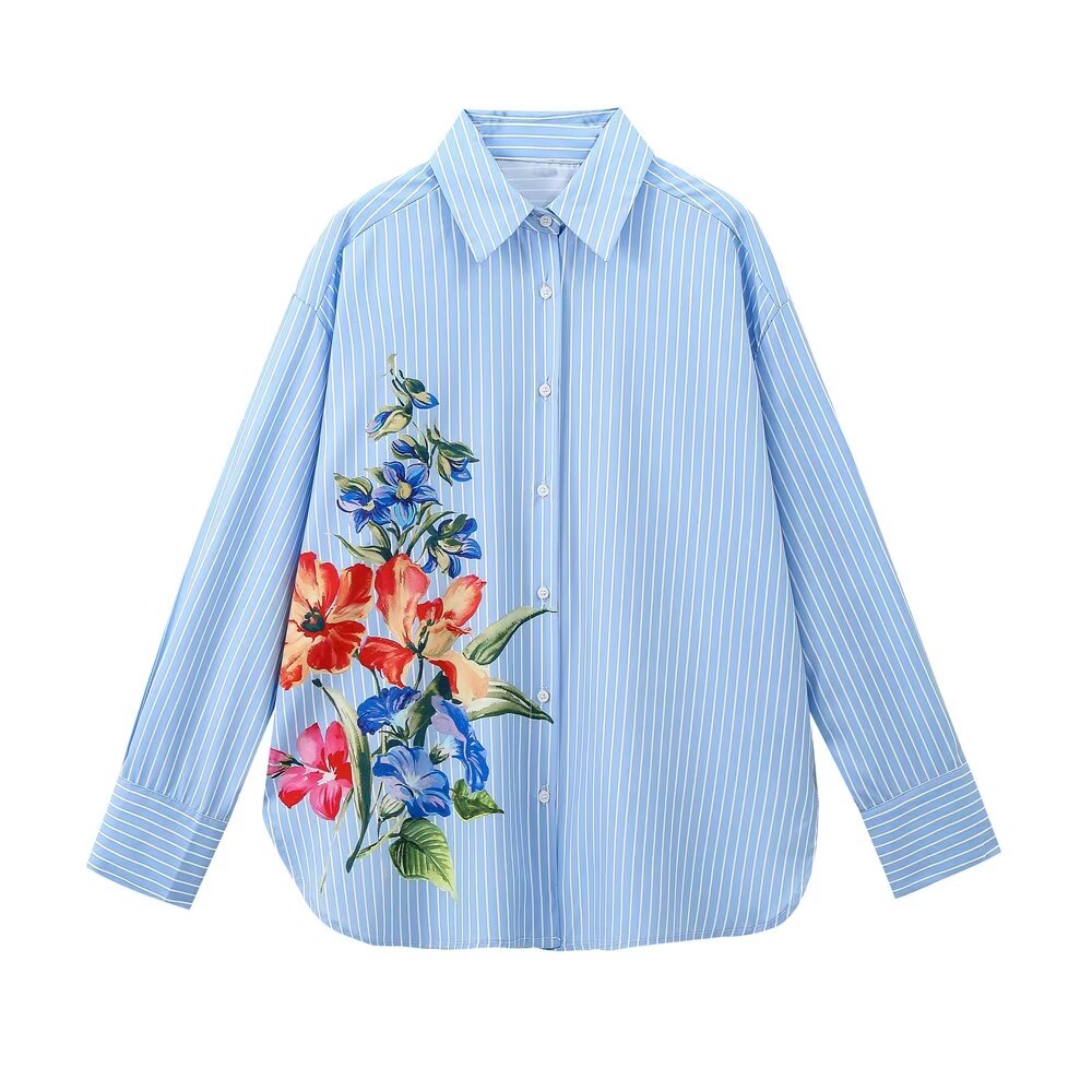 Camisa de manga larga a rayas con estampado floral de otoño para mujer