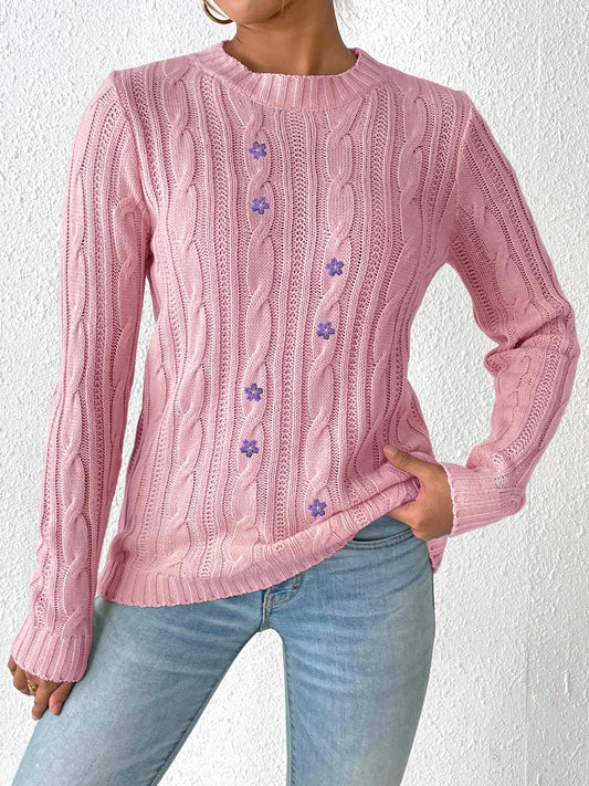 Ropa de mujer Otoño Invierno Jersey de cuello redondo Camisa de fondo Pegatinas florales bordadas Suéter tejido