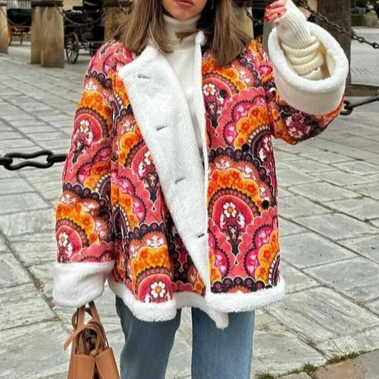 Chaqueta acolchada de algodón con estampado de lana de cordero y cuello redondo y manga larga para mujer