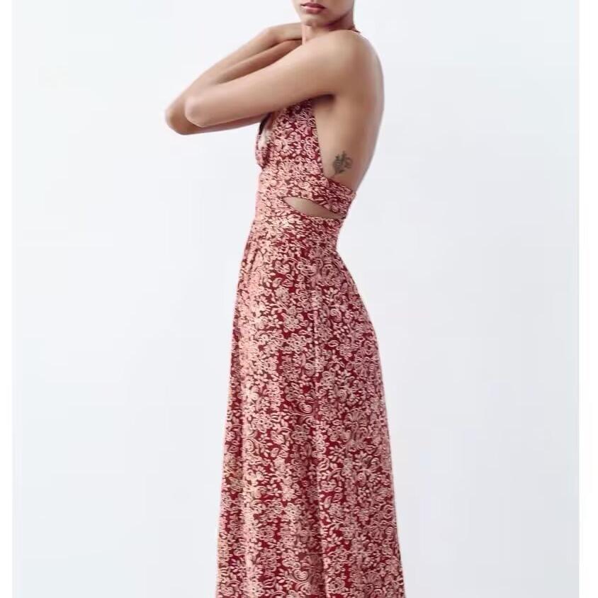 Vestido midi con tirantes y estampado de diseño elegante y abertura para mujer