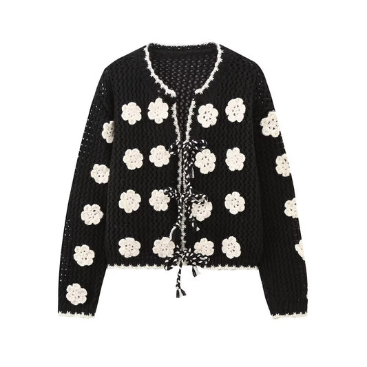 Chaqueta de punto de manga larga para mujer de otoño con crochet