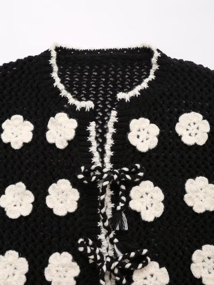 Chaqueta de punto de manga larga para mujer de otoño con crochet