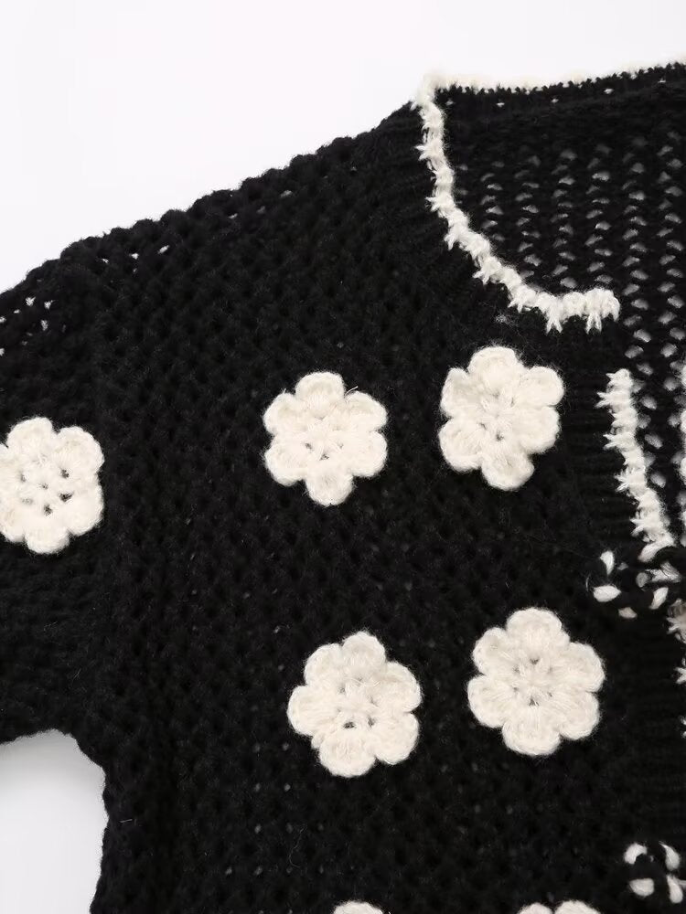 Chaqueta de punto de manga larga para mujer de otoño con crochet