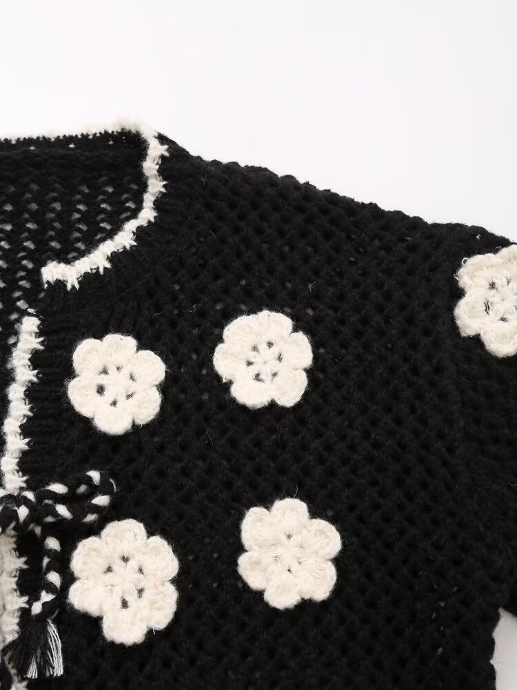 Chaqueta de punto de manga larga para mujer de otoño con crochet