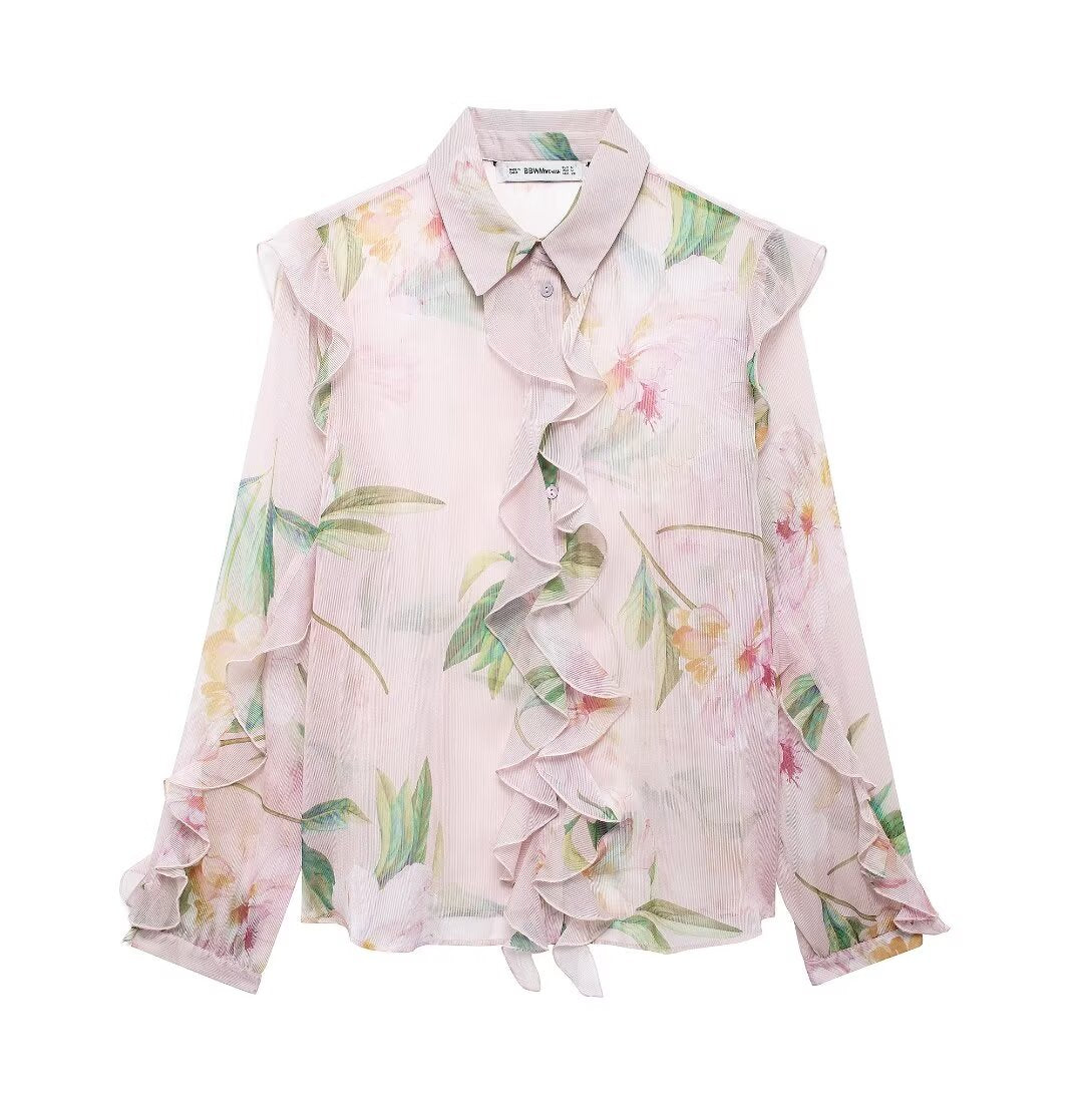 Fall Women Clothing Laminated Decoration Floral Print Shirt