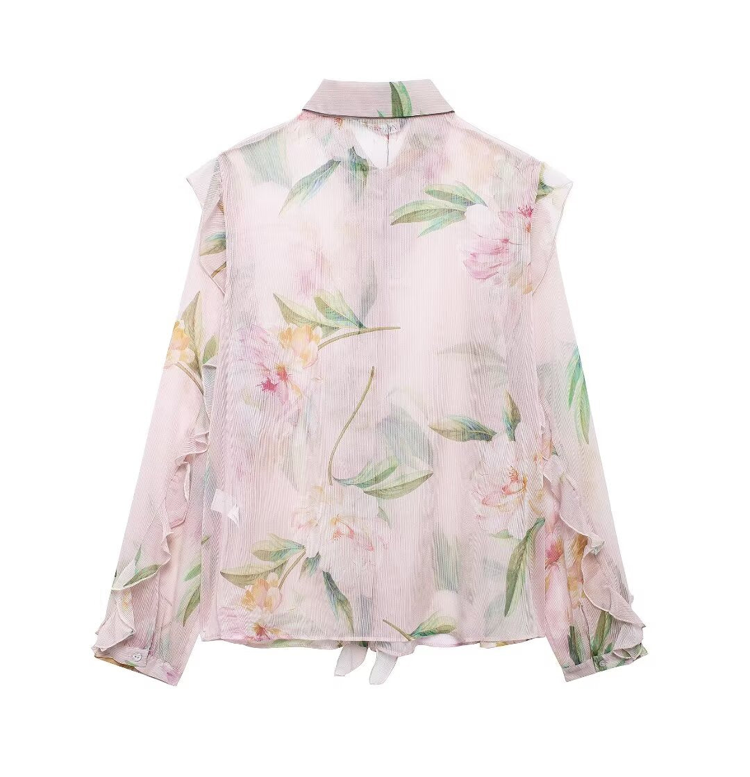 Fall Women Clothing Laminated Decoration Floral Print Shirt