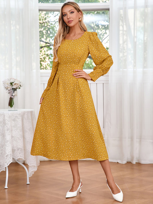 Vestido elegante de otoño para mujer, con cuello redondo, mangas largas y estampado floral pequeño