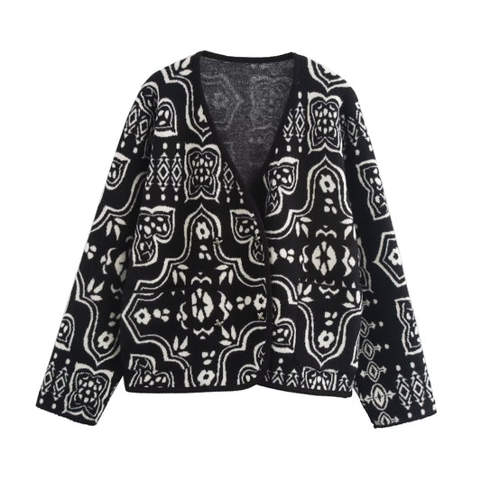 Cardigan tricoté à manches longues et col en V en coton jacquard double face pour femme