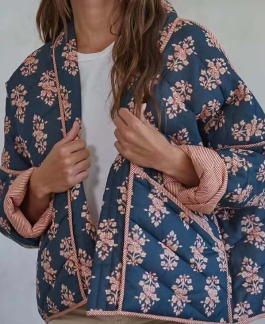 Chaqueta de algodón con bolsillos y estampado en contraste para otoño e invierno para mujer