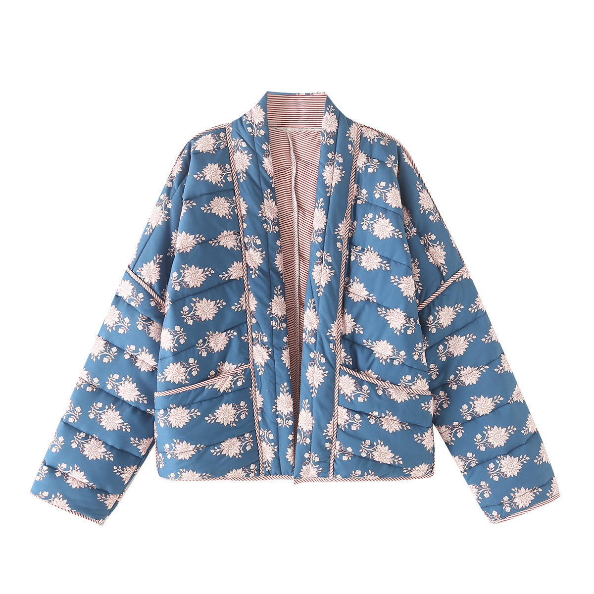 Women Clothing Autumn Winter Printing Contrast Color Pocket Decoration Cotton Coat Jacket