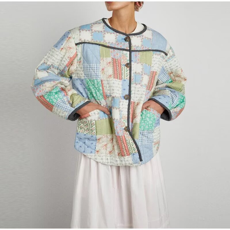 Chaqueta de algodón con estampado de patchwork y manga larga para mujer, elegante y sencilla, para otoño