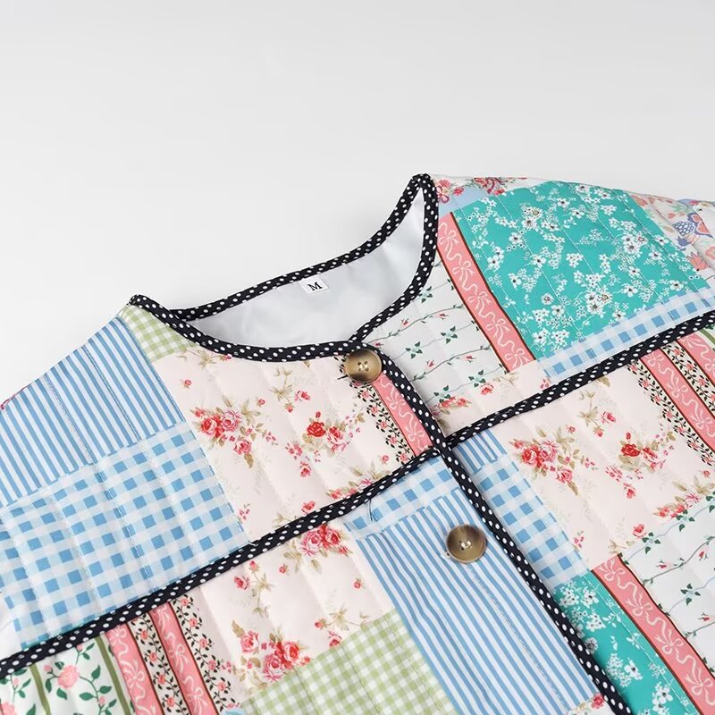 Chaqueta de algodón con estampado de patchwork y manga larga para mujer, elegante y sencilla, para otoño