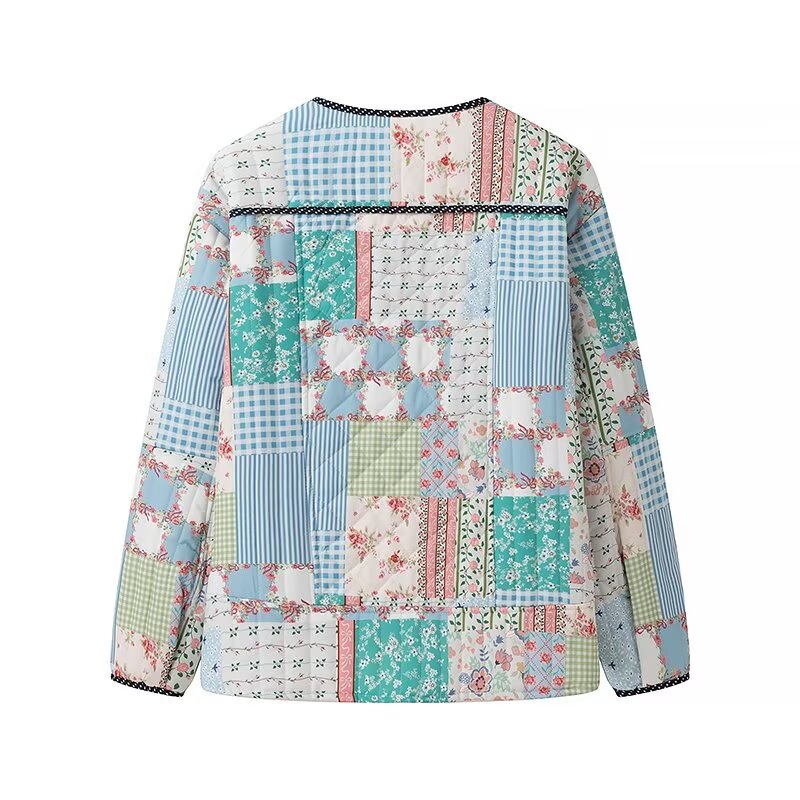 Chaqueta de algodón con estampado de patchwork y manga larga para mujer, elegante y sencilla, para otoño