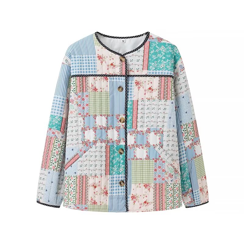 Chaqueta de algodón con estampado de patchwork y manga larga para mujer, elegante y sencilla, para otoño