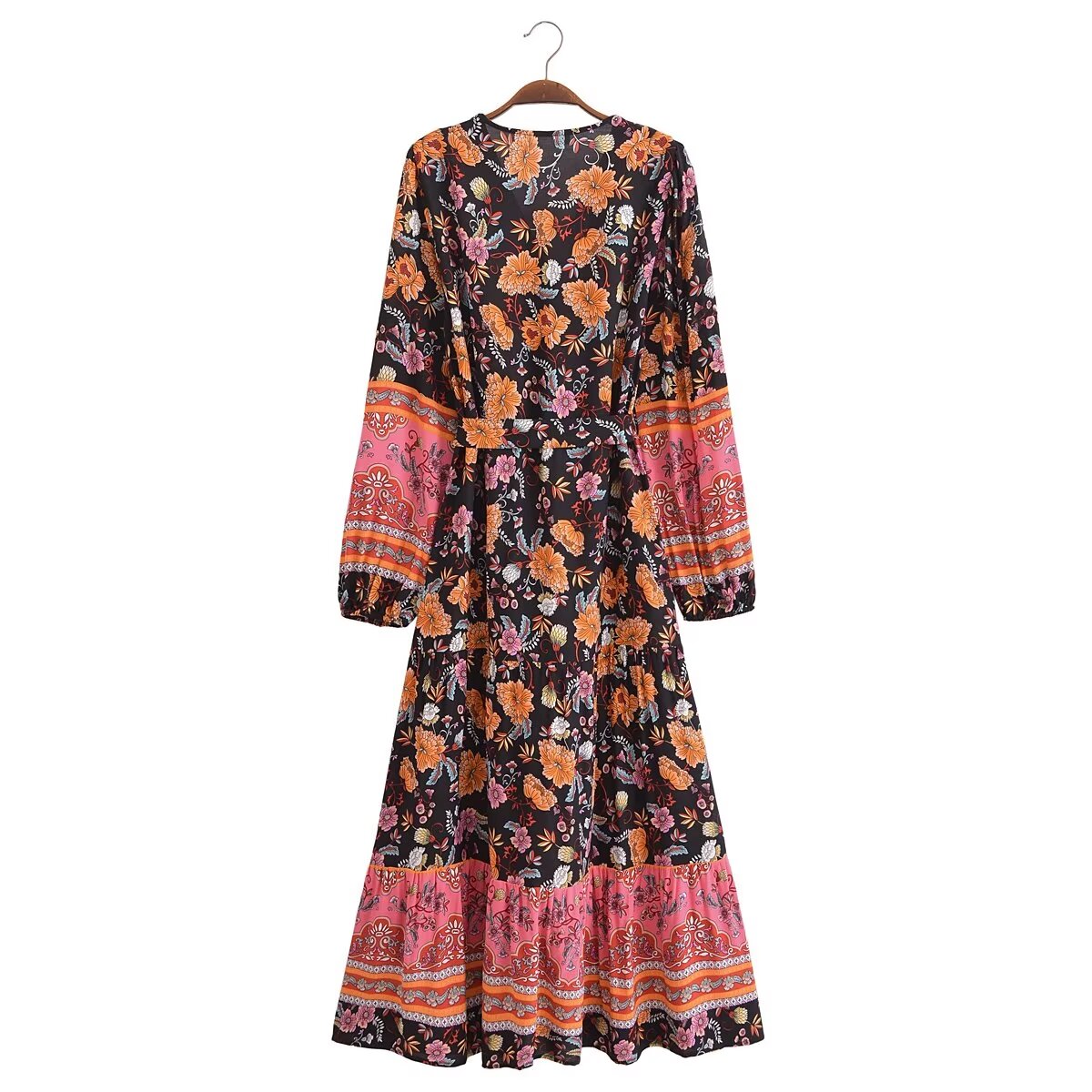 Vestido bohemio holgado con cordones y estampado de rayón vintage para mujer