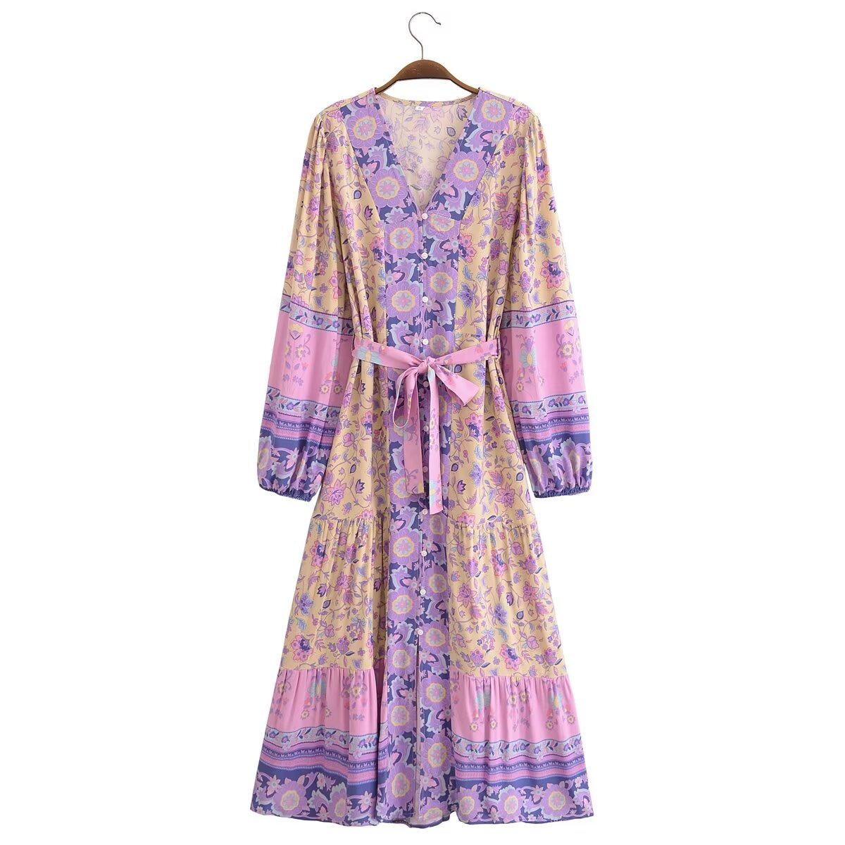 Vestido bohemio holgado con cordones y estampado de rayón vintage para mujer