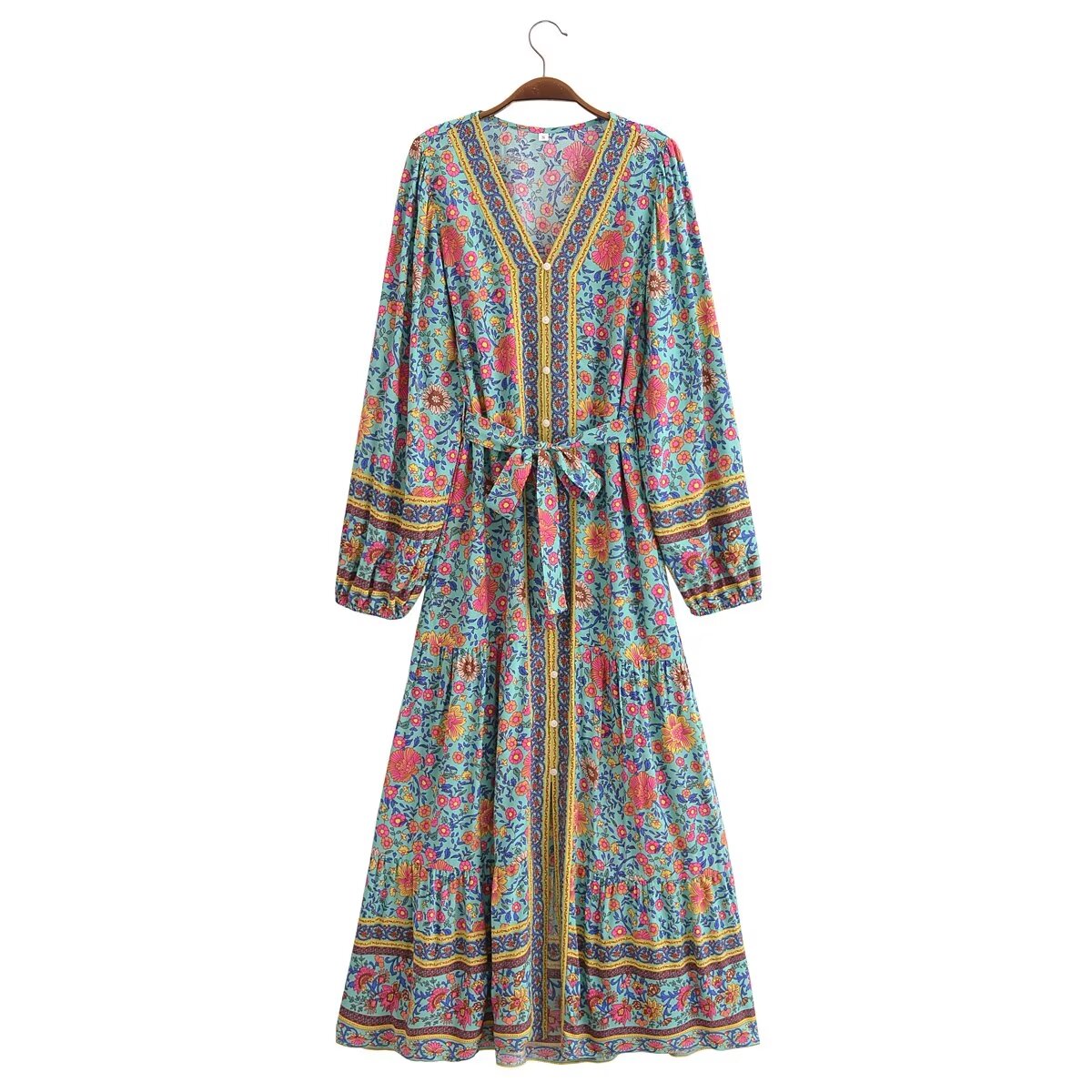 Vestido bohemio holgado con cordones y estampado de rayón vintage para mujer