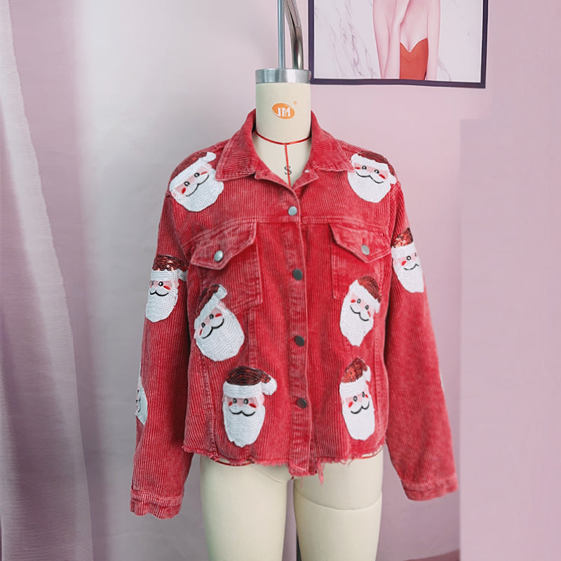 Chaqueta de otoño-invierno para mujer, chaqueta universitaria con lentejuelas de Papá Noel, chaqueta de pana desgastada