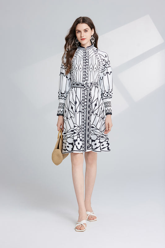 Women Spring And Autumn Long Sleeve Printed Stand Collar A Line Dress