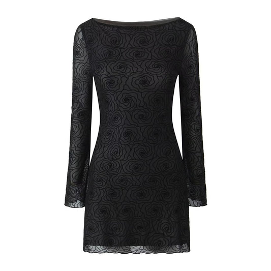 Robe trapèze sexy à manches longues et col rond pour femme, coupe ajustée, coupe courte et cintrée, motif floral noir pur