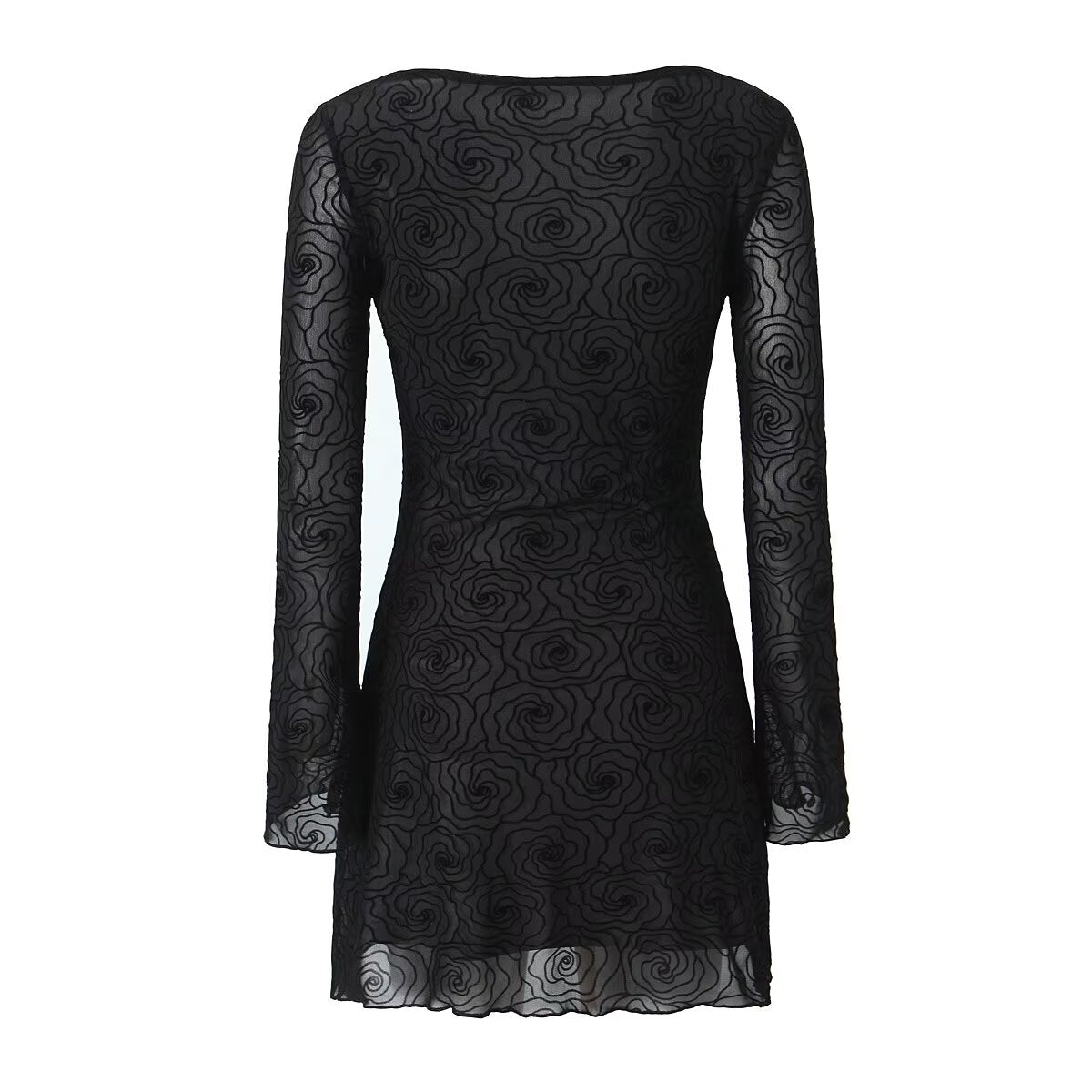 Robe trapèze sexy à manches longues et col rond pour femme, coupe ajustée, coupe courte et cintrée, motif floral noir pur