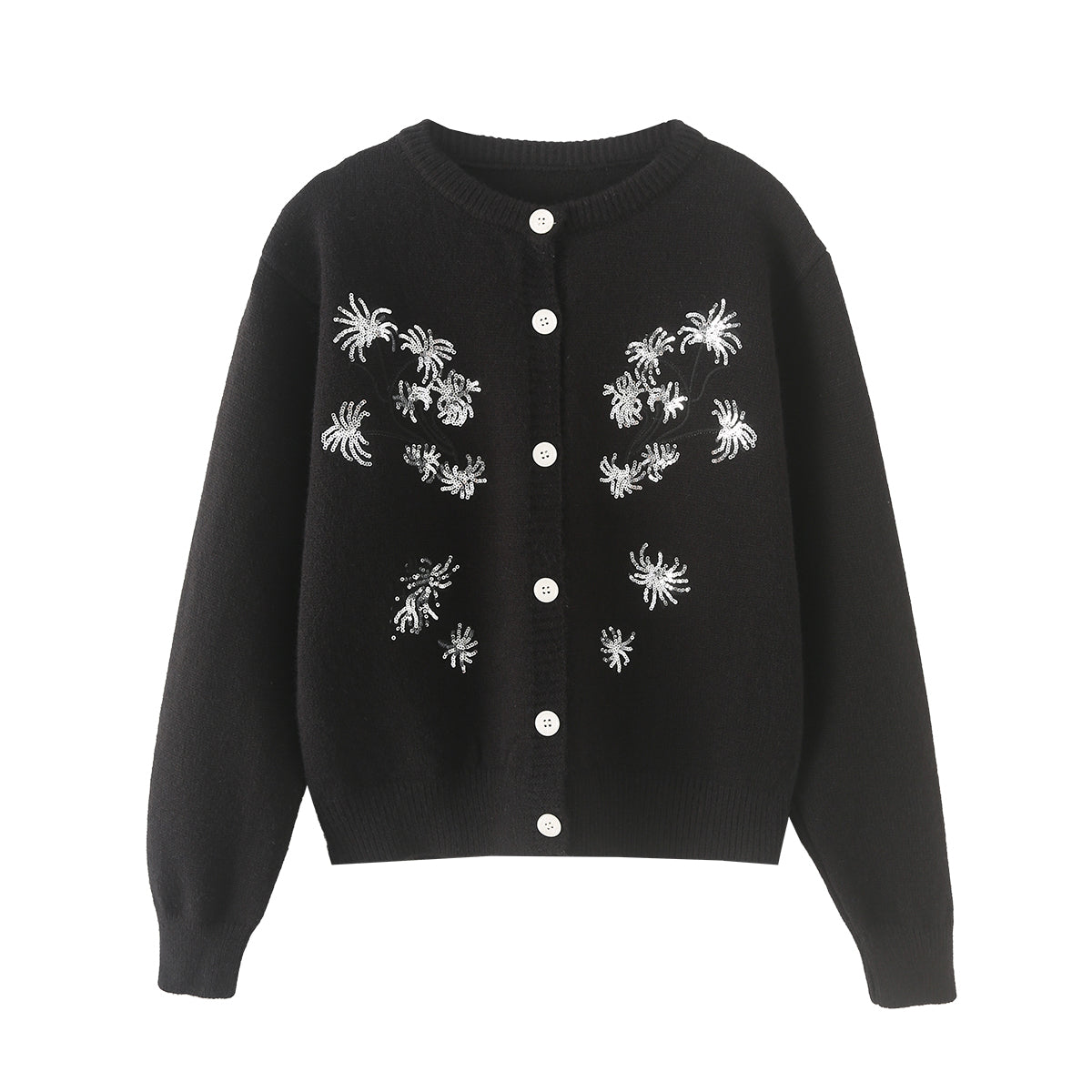 Women Clothing Western All Match Sequined Floral Pearl Buckle Cardigan Sweater