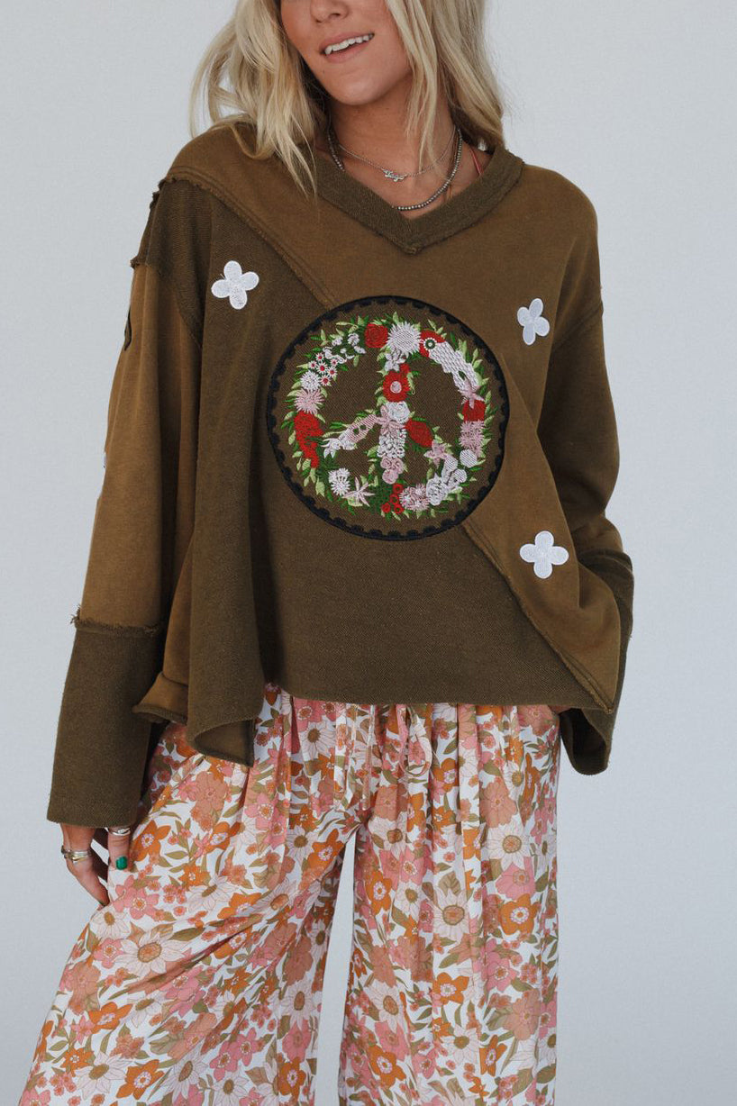 Autumn Winter Cotton Sweater Niche Design Peace Garland Embroidered Distressed Curling Pullover