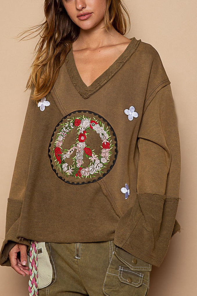 Autumn Winter Cotton Sweater Niche Design Peace Garland Embroidered Distressed Curling Pullover