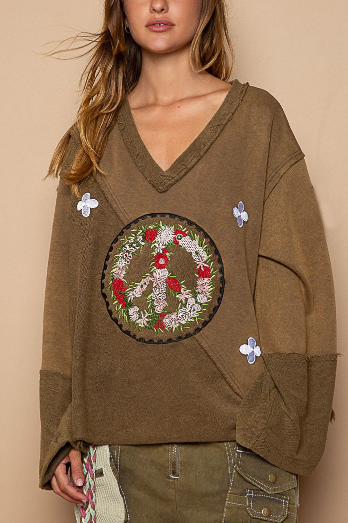 Autumn Winter Cotton Sweater Niche Design Peace Garland Embroidered Distressed Curling Pullover