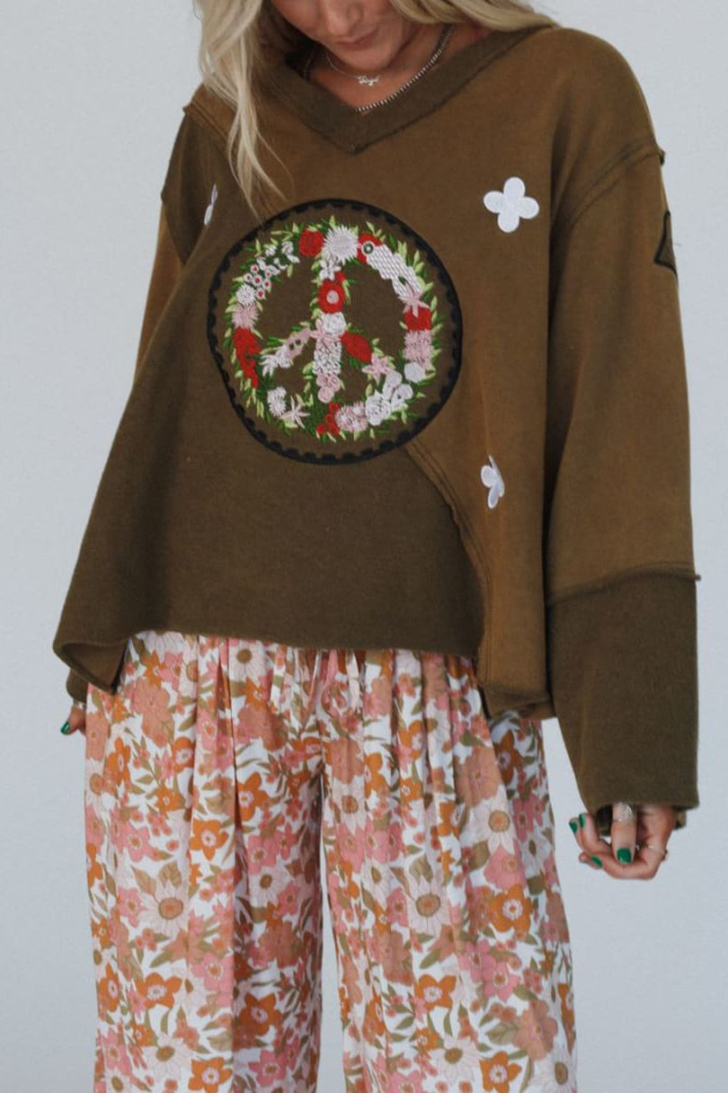 Autumn Winter Cotton Sweater Niche Design Peace Garland Embroidered Distressed Curling Pullover