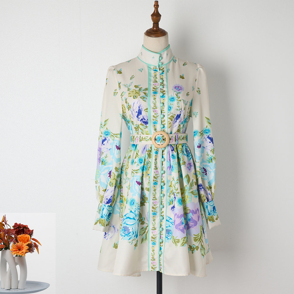 Women Spring And Autumn Printed Belt Short Long Sleeved Dress