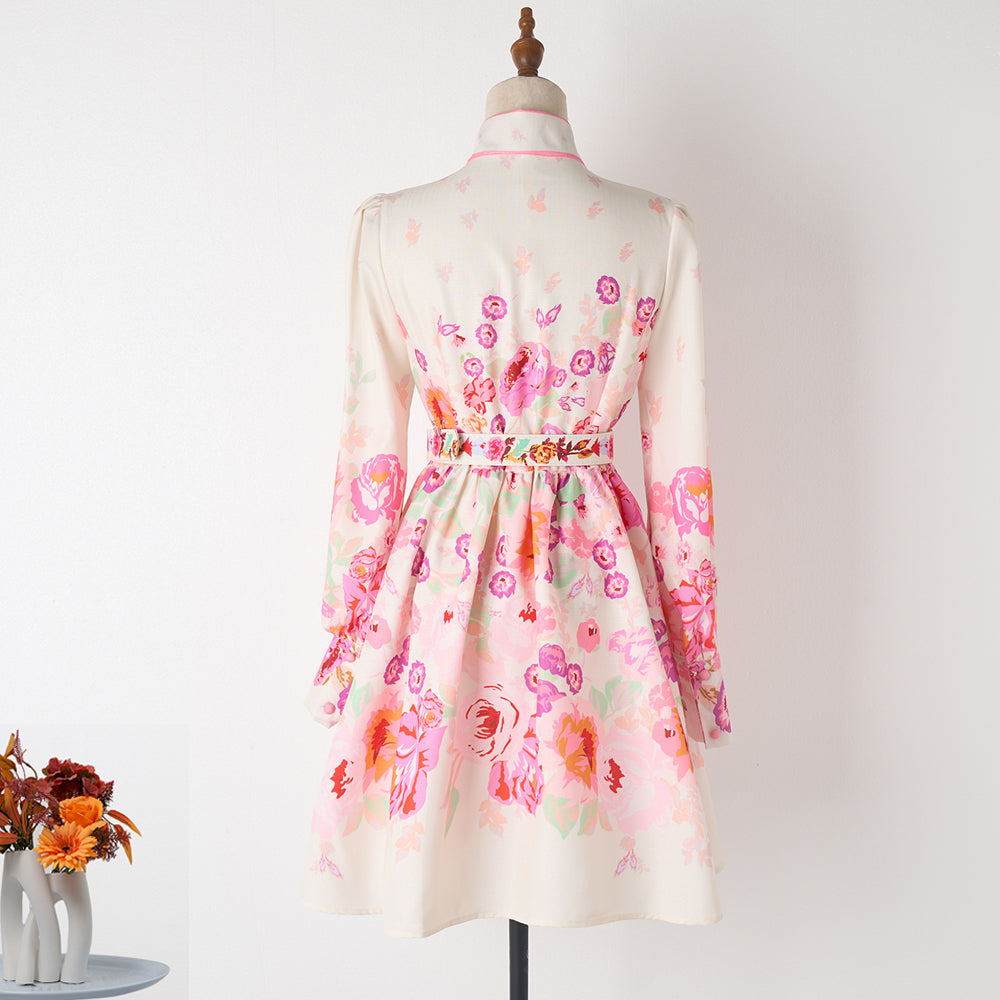 Women Spring And Autumn Printed Belt Short Long Sleeved Dress