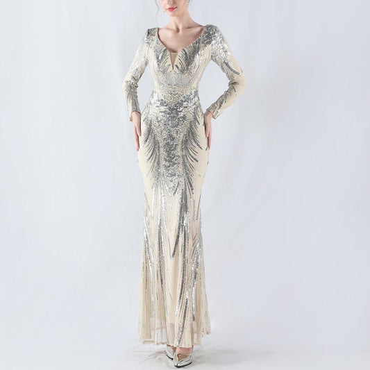 Dress Whole Positioning Floral High End Sequin Long Sleeve Evening Dress Winter Annual Meeting Host