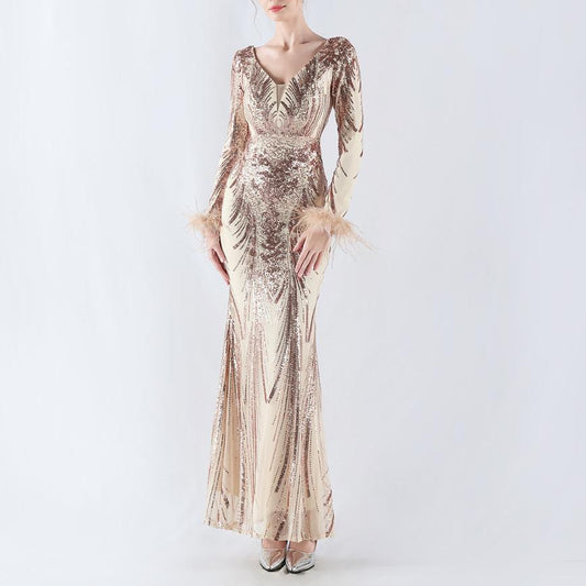 Dress Whole Positioning Floral Order Ostrich Feather High End Evening Dress Winter Annual Meeting Host