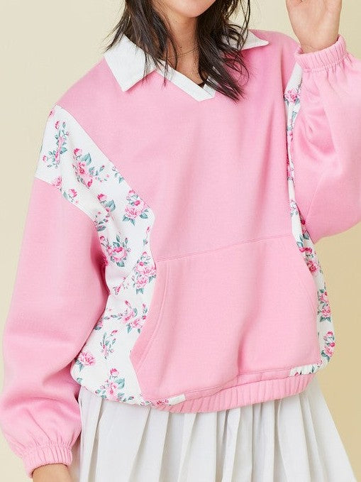 Ladies Autumn Winter Sweater Cotton Floral Patchwork Stand up Collar Pocket Pullover