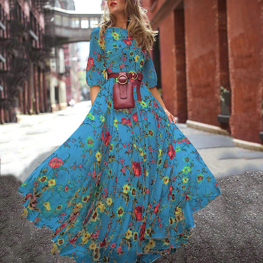 Printemps automne robe imprimée grande balançoire élégante en mousseline de soie robe ajustée à fleurs