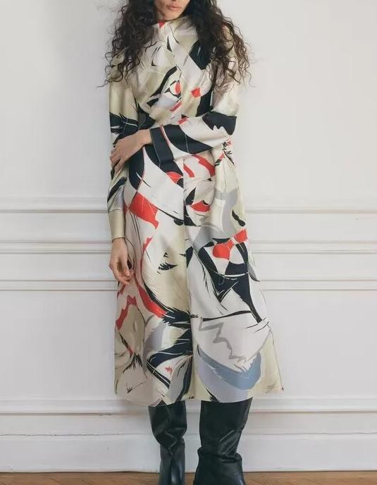 Fall Women Clothing Fashionable Elegant Printing Midi Dress