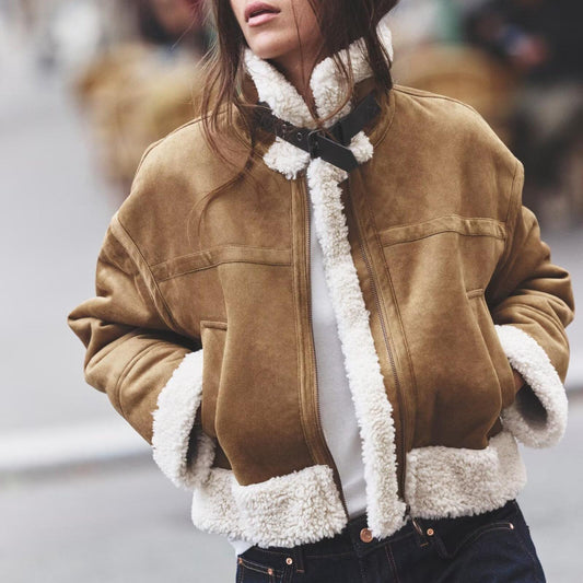 Chaqueta de mujer con cremallera y adorno de doble cara para otoño e invierno