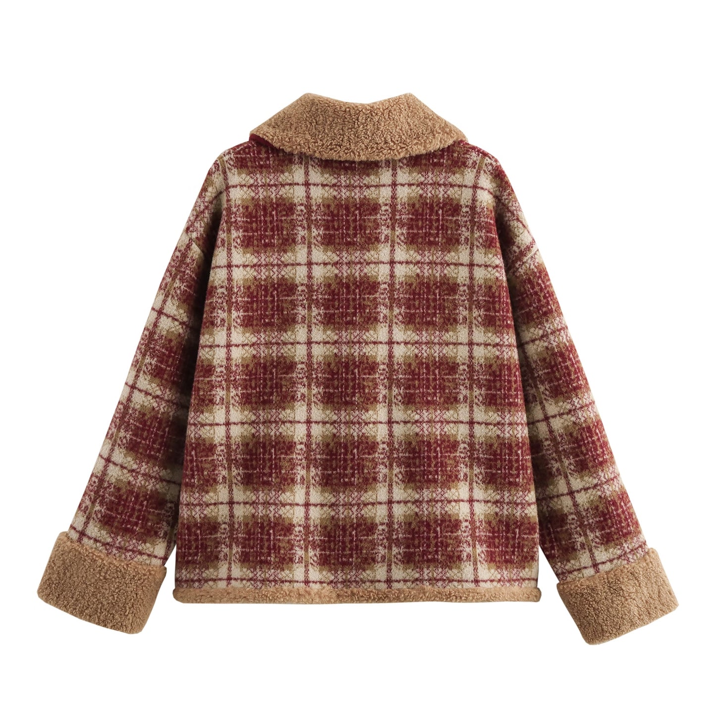 Autumn Winter Sweet Lamb Wool Collar Cuff Plaid Short Sweaters Coat