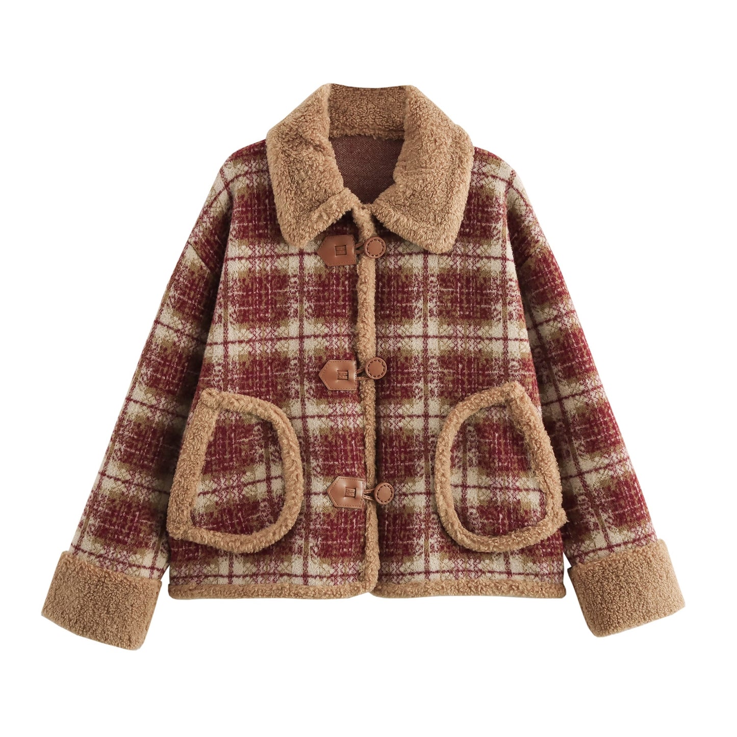 Autumn Winter Sweet Lamb Wool Collar Cuff Plaid Short Sweaters Coat