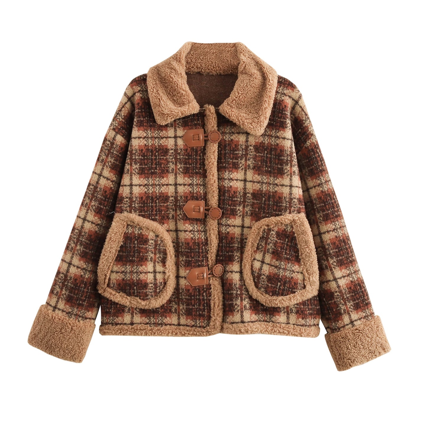 Autumn Winter Sweet Lamb Wool Collar Cuff Plaid Short Sweaters Coat