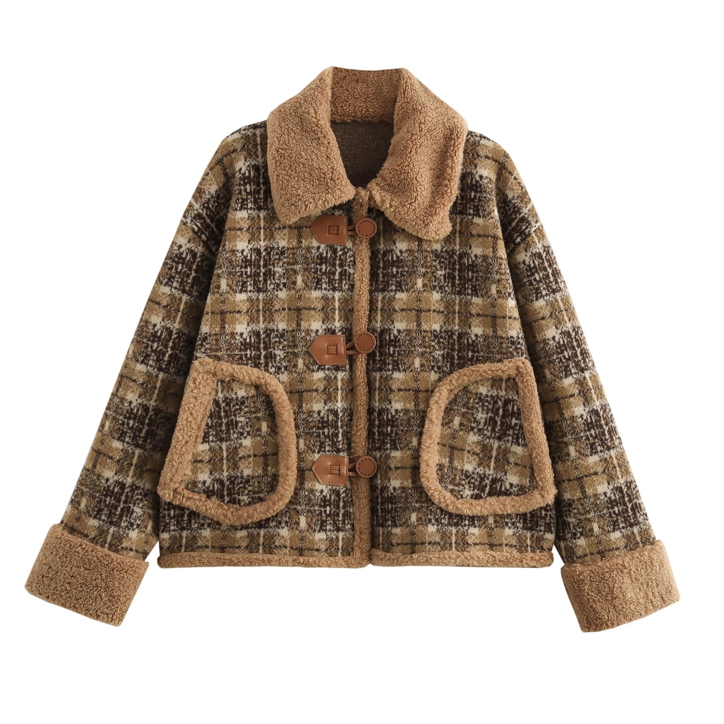 Autumn Winter Sweet Lamb Wool Collar Cuff Plaid Short Sweaters Coat