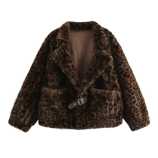 Autumn Winter Sexy Leopard Print Faux Jacket Large Collared Mid Length Furry Coat