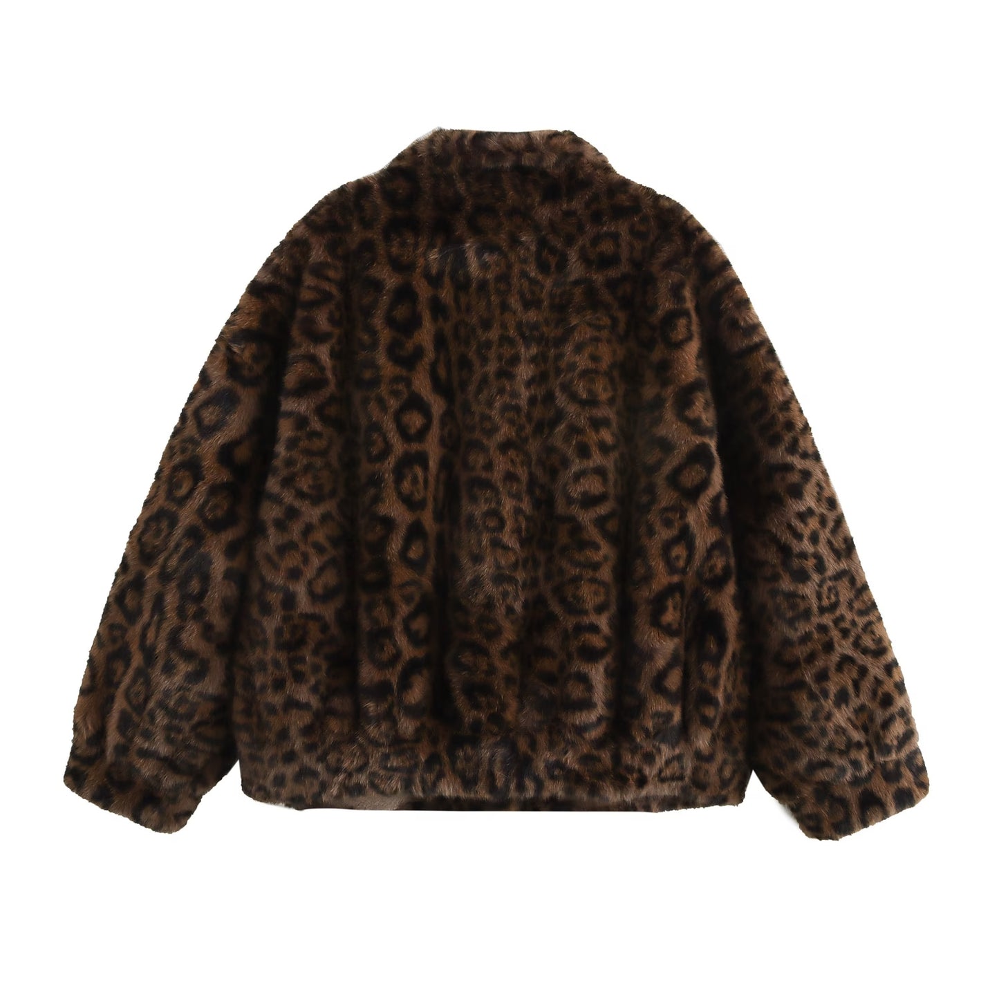 Autumn Winter Sexy Leopard Print Faux Jacket Large Collared Mid Length Furry Coat