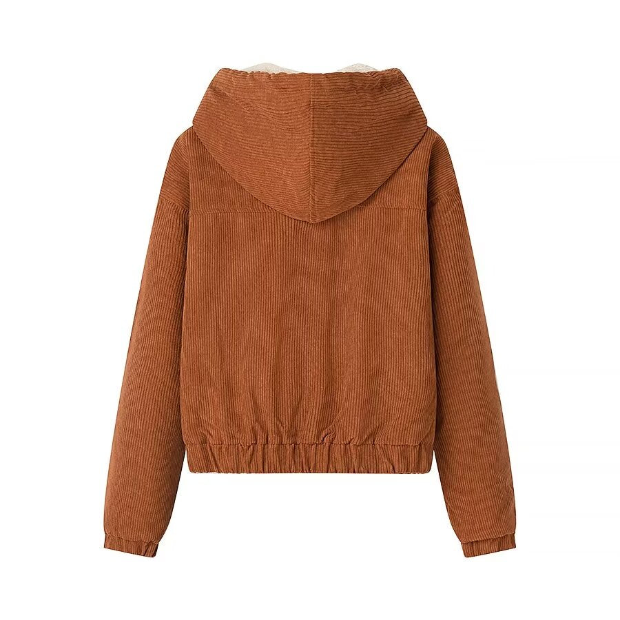 Winter Zipper Corduroy Hooded Long Sleeve Cotton Coat Women Clothing