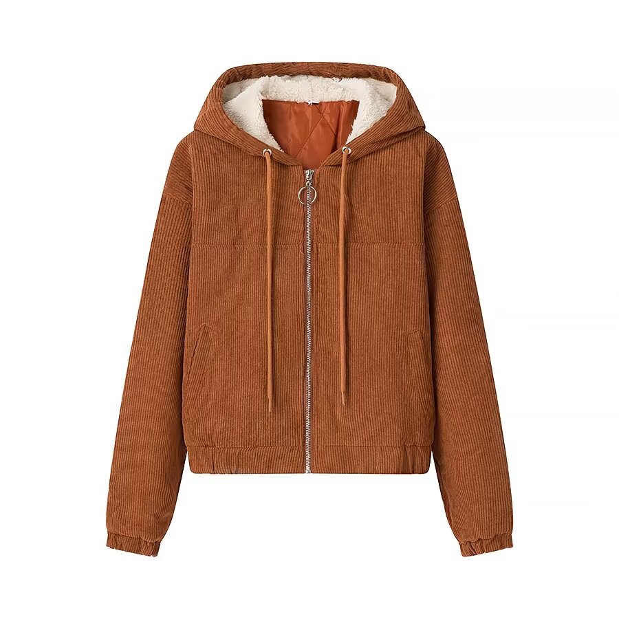 Winter Zipper Corduroy Hooded Long Sleeve Cotton Coat Women Clothing