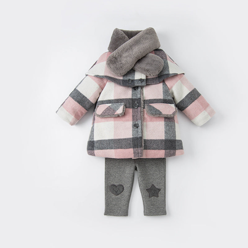 Veste écharpe en laine à carreaux mi-longue pour bébé