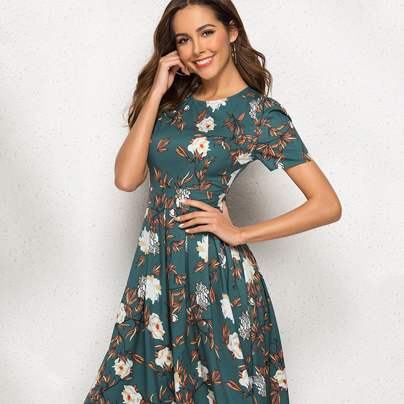 Robe fleurie femme verte à manches courtes