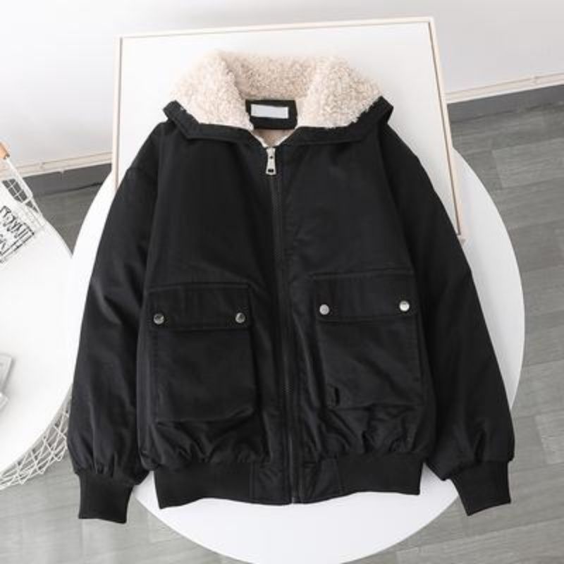 Cold Protective Clothing Warm Fleece Lined Candy Color Overalls Circle Fur Collar Lamb Student